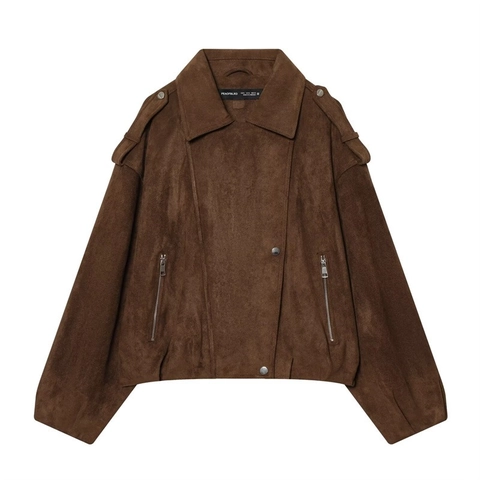 Giacca Biker in Finta Pelle Scamosciata Casual da Donna Streetwear Vestibilità Larga Capispalla a Maniche Lunghe Cappotto Marrone Scuro Con Cerniere
