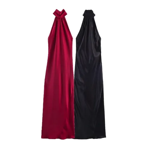 Damen Halterneck Satin Maxikleid Sexy Rückenfrei Slim Fit Abendparty Kleid Einfarbig Ärmellos Elegant Formales Kleid