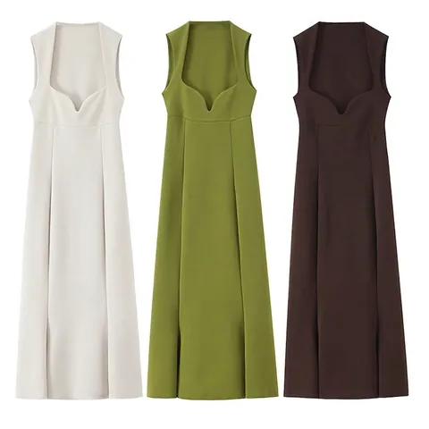 Women's Sexy Slim Fit Sleeveless Backless Midi Dress V-Neck Solid Color Split Seam Streetwear Party Cocktail Dress