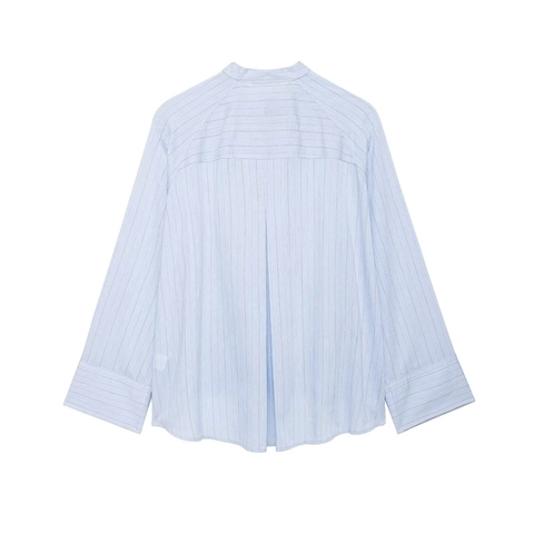 Camicia Casual da Donna a Righe Azzurre Blusa Asimmetrica a Maniche Lunghe Larga Orlo Irregolare Top con Tasca