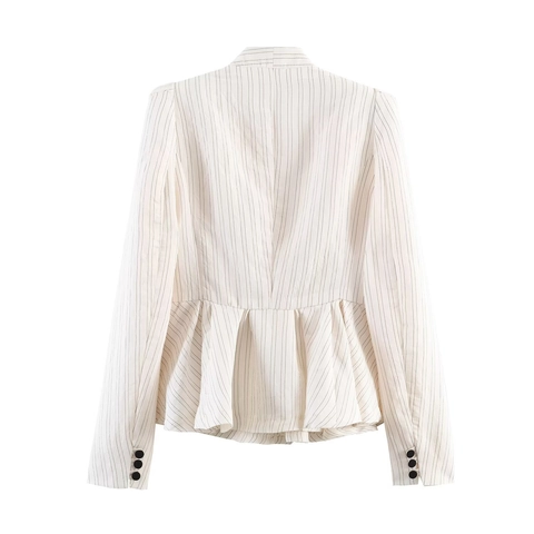 Women Elegant Pinstripe Waist Cinched Blazer V Neck Long Sleeve Peplum Suit Jacket Professional Office Commute Outerwear
