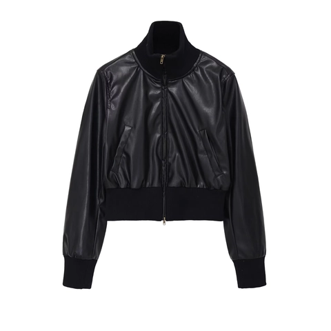 Women's Fashion Faux Leather Bomber Jacket Loose Stand Collar Zip Up Ribbed Trim PU Coat Solid Color Streetwear Outerwear