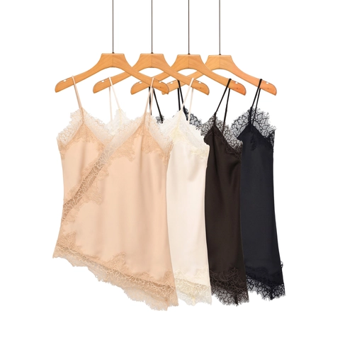 Top de Tirantes Sexy para Mujer Satin con Encaje Cuello en V Dobladillo Asimétrico Sin Mangas Color Sólido Camisa de Verano