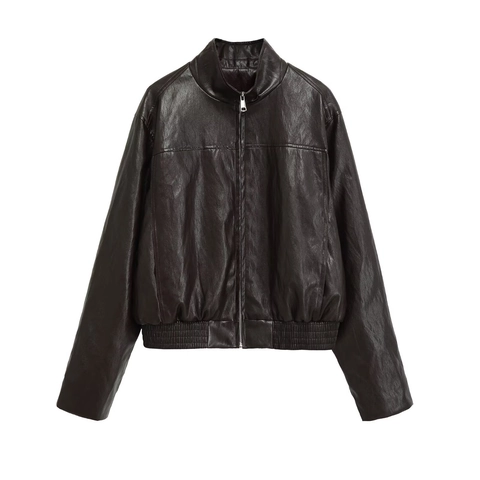 Women Retro Faux Leather Bomber Jacket Stand Collar Zip Up Loose Outerwear Vintage Reddish Brown Streetwear Jacket For Ladies