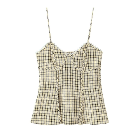 Damen Sexy Gelb Kariert Camisole Spitze Besatz Schmale Träger Rückenfrei Slim Fit Ärmellos Crop Top Sommer Casual