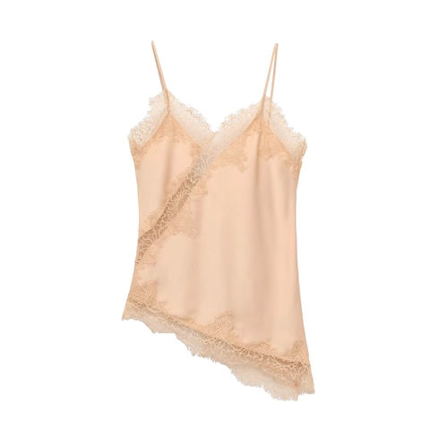 Women Sexy Satin Cami Top With Lace Trim Asymmetric Hem V-Neck Sleeveless Spaghetti Strap Tank Top For Party Daily Summer