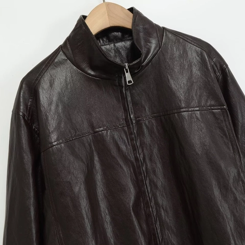 Women Retro Faux Leather Bomber Jacket Stand Collar Zip Up Loose Outerwear Vintage Reddish Brown Streetwear Jacket For Ladies