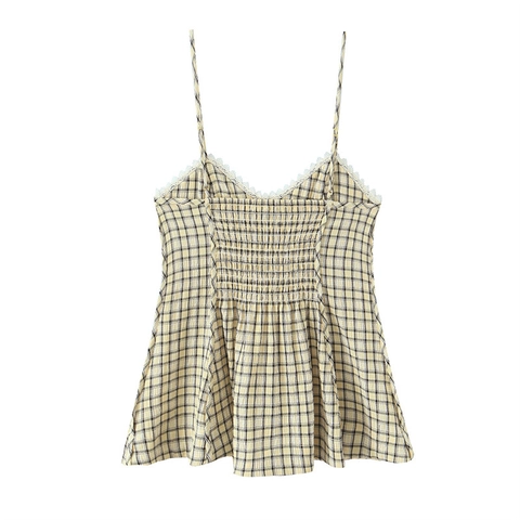 Damen Sexy Gelb Kariert Camisole Spitze Besatz Schmale Träger Rückenfrei Slim Fit Ärmellos Crop Top Sommer Casual