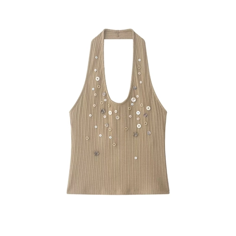 Top Casual para Mujer Cuello Halter Punto de Canalé Botones Decorativos Color Sólido Sin Mangas Ajustado Verano