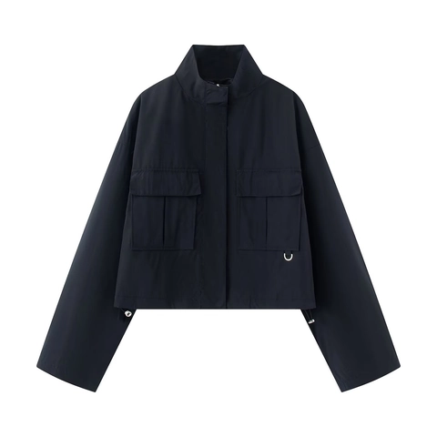 Women Casual Stand Collar Short Cargo Jacket With Pockets Drawstring Hem Lightweight Polyester Windproof Coat For Daily Wear