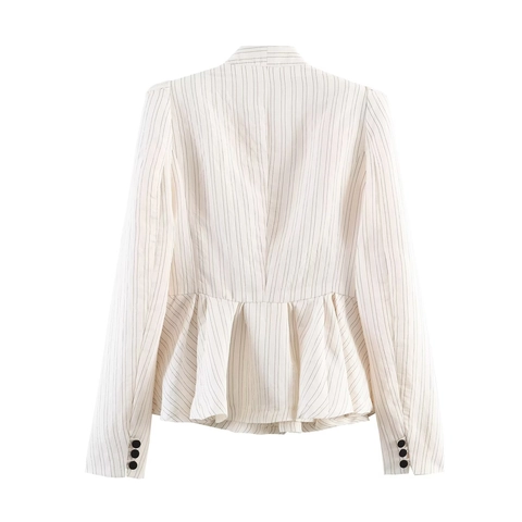 Blazer a Righe da Donna Peplum Street Fashion Scollo a V Manica Lunga Giacca da Completo Con Bottoni Spalline Top da Ufficio