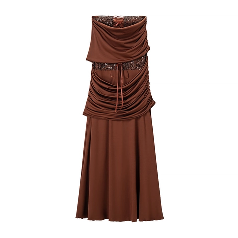 Dames Strapless Pailletten Geplooid Zeemeermin Maxi Jurk Elegant Donkerbruin Gedrapeerde Avondjurk Voor Feest Banket