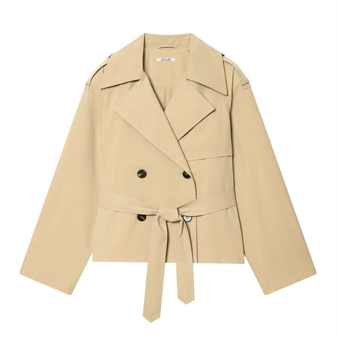 Dames Elegante Khaki Korte Trenchcoat Double-breasted Wolmix Jas Met Riem Epauletten Kantoor Bovenkleding