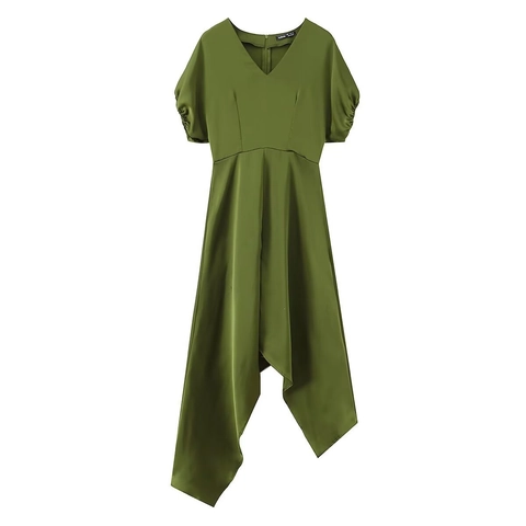 Women Elegant Satin V Neck Short Puff Sleeve Dress Asymmetric Hem High Waist Solid Olive Green Midi Dress Party Wear