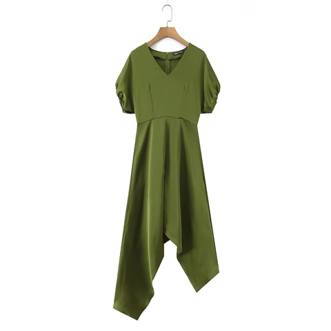 Women Elegant Satin V Neck Short Puff Sleeve Dress Asymmetric Hem High Waist Solid Olive Green Midi Dress Party Wear