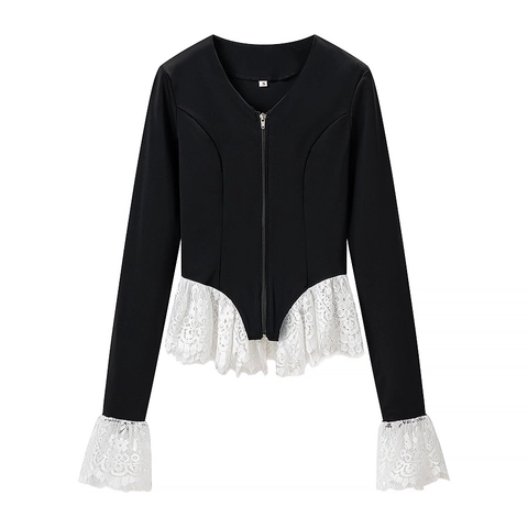 Camicetta Casual da Donna Elegante Slim Fit Nera a Maniche Lunghe con Patchwork di Pizzo e Volant e Cerniera in Metallo Scollo a U
