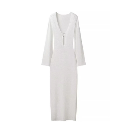 Dames Gebreide Maxi Jurk Sexy V-Hals Lange Mouw Effen Kleur Gehaakte Jurk Met Metalen Ring Decoratie Strandjurk