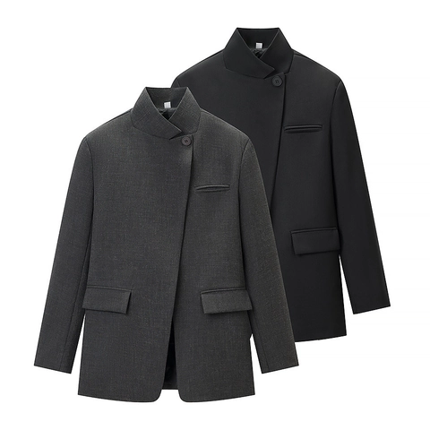 Women Minimalist Stand Collar Asymmetric Button Blazer Mid-length Solid Suit Jacket With Flap Pockets Office Streetwear Top