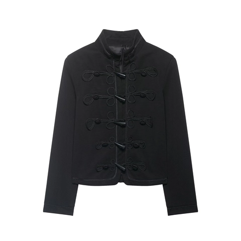 Chaqueta de Mujer de Nuevo Estilo Chino Abrigo Militar Retro Cuello Alto Con Botones de Rana Botones de Palanca Negro Manga Larga