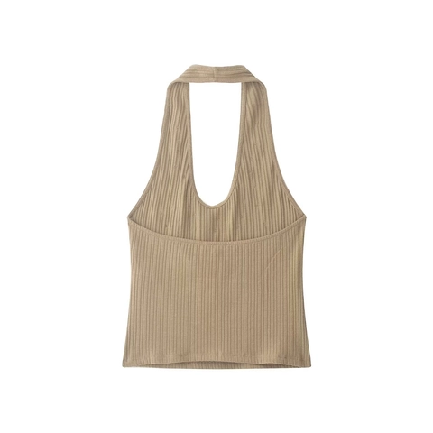Top Casual para Mujer Cuello Halter Punto de Canalé Botones Decorativos Color Sólido Sin Mangas Ajustado Verano