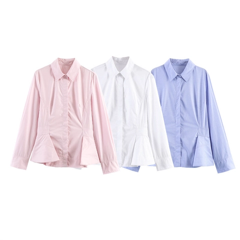 Blusa de Manga Larga con Volante para Mujer Elegante Color Sólido Cuello Polo Camisa con Dobladillo de Volantes Top de Oficina