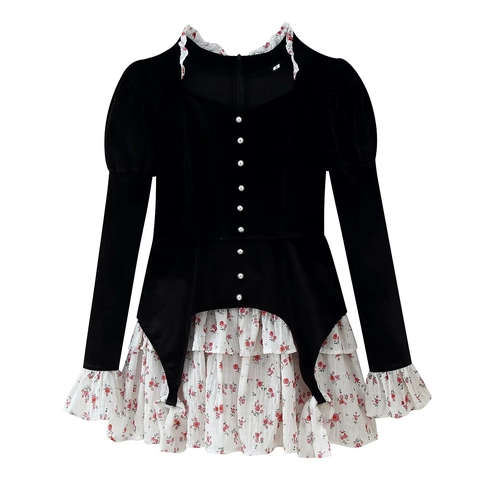 Abito Mini in Velluto Vintage da Donna Con Splicing Floreale Manica a Sbuffo Vita Alta Volant Stile Lolita Dolce