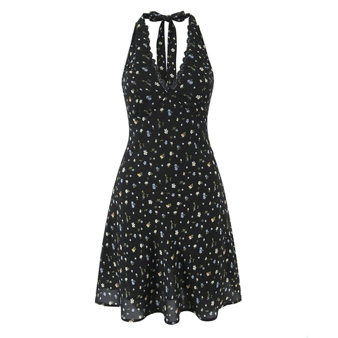 Abito da Donna con Scollo all'Americana e Stampa Floreale Estivo con Bordo in Pizzo Scollo a V Mini Abito A-Line Senza Maniche Casual
