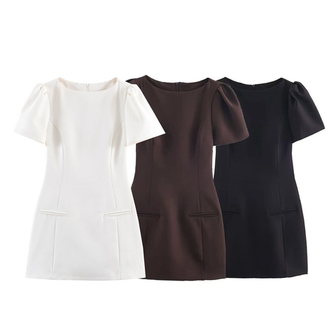 Vestido Mini Sexy Para Mujer Mangas Abullonadas Color Sólido Cuello Redondo Ajuste Ceñido Vestido Corto Línea A Con Bolsillos