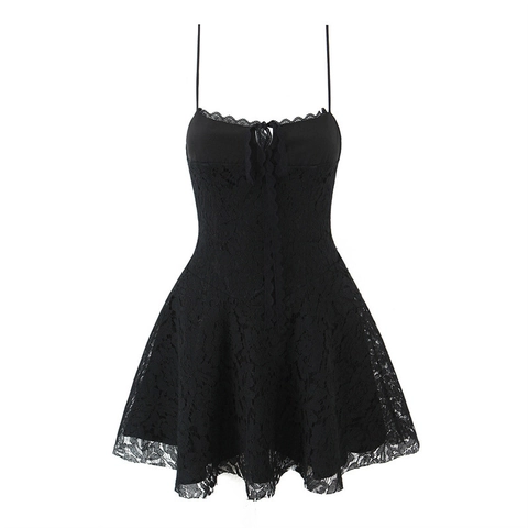 Abito Mini Sexy in Pizzo da Donna Con Spalline Sottili Intaglio Fiocco Floreale a Trapezio Sottoveste Vintage Slim Fit Party