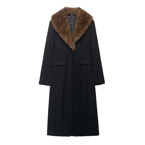 Women Vintage Long Black Woolen Coat With Brown Faux Fur Collar Single Breasted Warm Winter Outerwear Casual Lapel Jacket