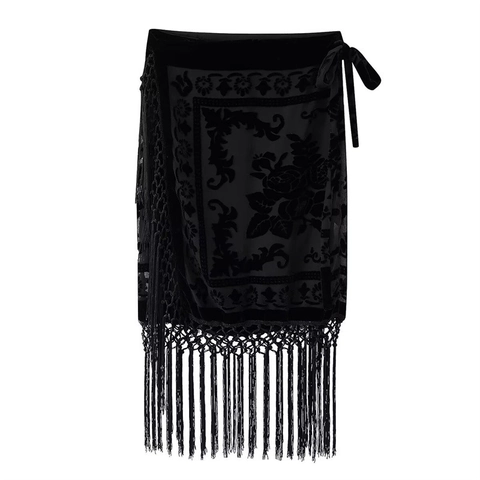 Vintage Black Velvet Floral Burnout Wrap Midi Skirt Sexy Tassel Hem Lace-Up Side Bohemian Club Party Skirt For Women