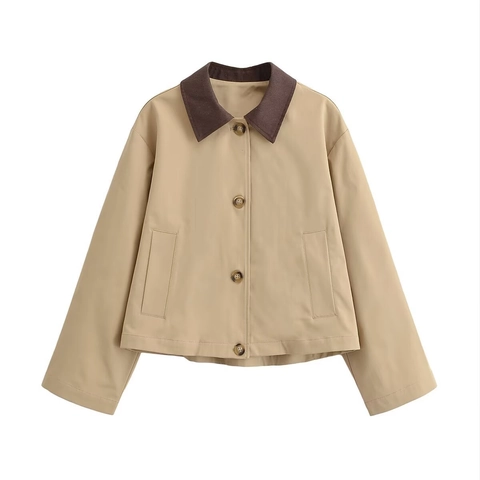 Giacca Trench Corta Khaki Casual da Donna Collo in Velluto a Coste a Contrasto Manica Lunga Monopetto Vintage Cropped