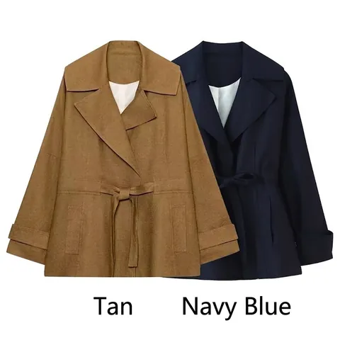 Gabardina Corta Elegante Para Mujer Chaqueta De Mezcla De Algodón Y Lino Con Cinturón Solapa Color Sólido