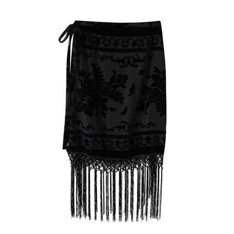 Vintage Black Velvet Floral Burnout Wrap Midi Skirt Sexy Tassel Hem Lace-Up Side Bohemian Club Party Skirt For Women
