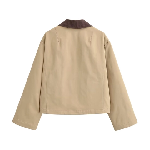 Women Casual Khaki Short Trench Jacket Contrast Corduroy Turn Down Collar Long Sleeve Single Breasted Vintage Cropped Outerwear