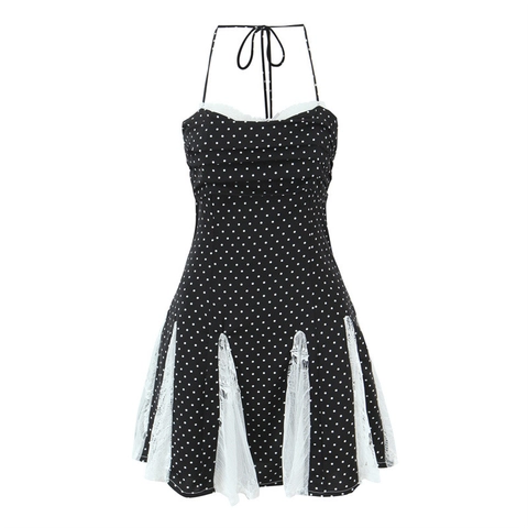 Abito Midi da Donna Scollo all'Americana con Stampa a Pois Arricciato Patchwork Bordo in Pizzo Vestibilità Aderente Senza Maniche