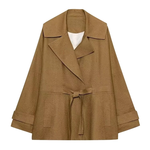 Gabardina Corta Elegante Para Mujer Chaqueta De Mezcla De Algodón Y Lino Con Cinturón Solapa Color Sólido