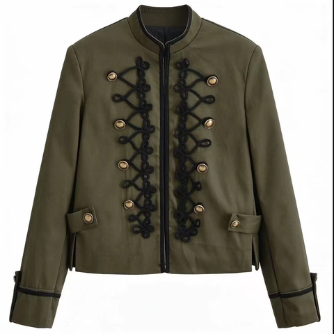 Blazer Rétro Style Militaire pour Femmes Col Montant Brandebourg Boutons Dorés Épaules Rembourrées Veste Manches Longues Élégante Extérieur