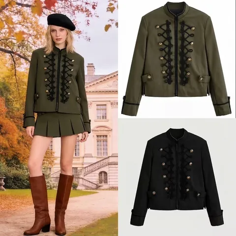 Blazer Rétro Style Militaire pour Femmes Col Montant Brandebourg Boutons Dorés Épaules Rembourrées Veste Manches Longues Élégante Extérieur
