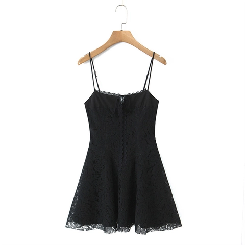 Abito Mini Sexy in Pizzo da Donna Con Spalline Sottili Intaglio Fiocco Floreale a Trapezio Sottoveste Vintage Slim Fit Party