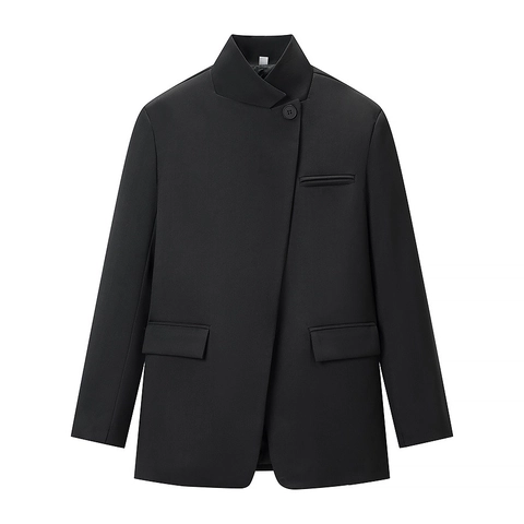 Blazer da Donna Minimalista a Collo Alto con Bottone Asimmetrico Giacca da Abito Media Lunghezza Tinta Unita Streetwear