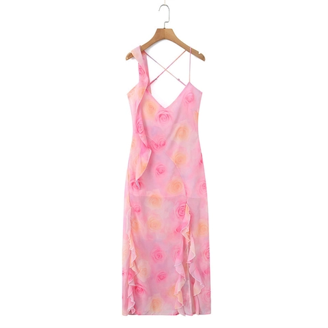 Abito Cami Donna Francese Romantico Stampa Rosa Rosa Senza Maniche Scollo a V Senza Schienale Balze Spacco Maxi Vacanza Spiaggia