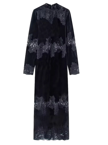 Abito Maxi Donna Elegante Vintage in Velluto Nero a Maniche Lunghe Con Patchwork in Pizzo Floreale Slim Fit Serata Party