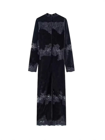 Abito Maxi Donna Elegante Vintage in Velluto Nero a Maniche Lunghe Con Patchwork in Pizzo Floreale Slim Fit Serata Party