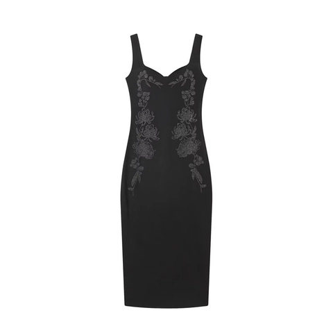 Elegante Abito Midi Senza Maniche con Fiori di Strass Scollo a Cuore Vestibilità Slim Bodycon Abito da Festa per Donna