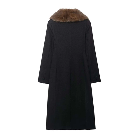 Women Vintage Long Black Woolen Coat With Brown Faux Fur Collar Single Breasted Warm Winter Outerwear Casual Lapel Jacket