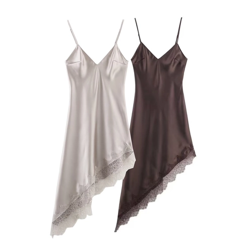 Women Lace Detail Satin Slip Dress V-Neck Asymmetrical Hem Midi Dress Western Style Sleeveless Slim Fit Party Dress