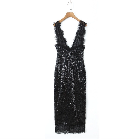 Elegante Abito Maxi in Paillettes Nere Scollo a V Con Finitura in Pizzo Ciglia Senza Maniche Aderente per Festa Donna Gioielli
