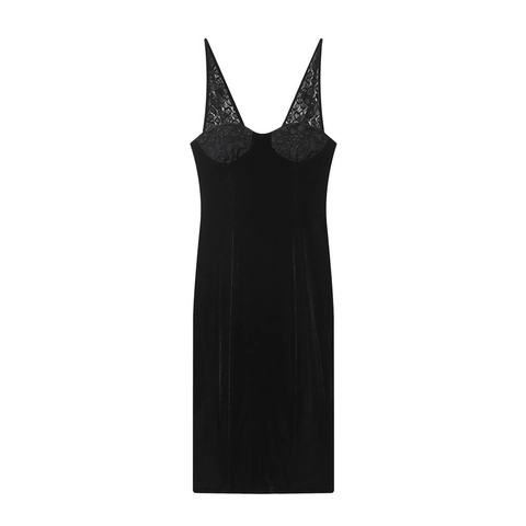 Abito Maxi da Donna in Velluto Nero Elegante Patchwork di Pizzo Spalline Sottili Scollo a V Schiena Scoperta Aderente Festa Sera Abito Lungo