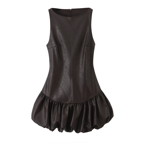 Vestido de Punto Sin Mangas Sexy Marrón Oscuro para Mujer Slim Fit Plisado Dobladillo de Burbuja Midi Vestido Hot Girl Style Fashion Party Clubwear